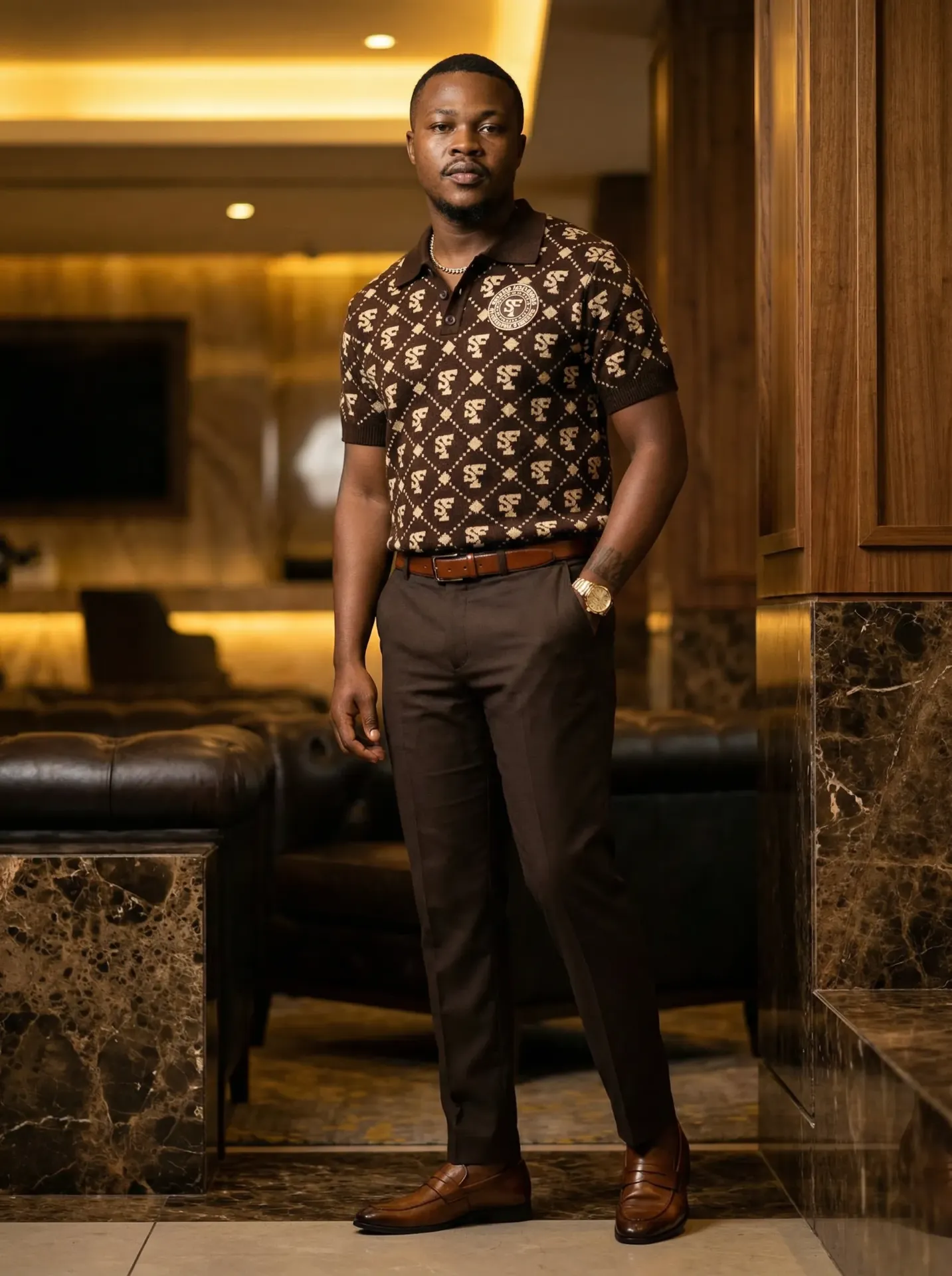 SF Knitwear Polo Shirt - Choc Biscuit