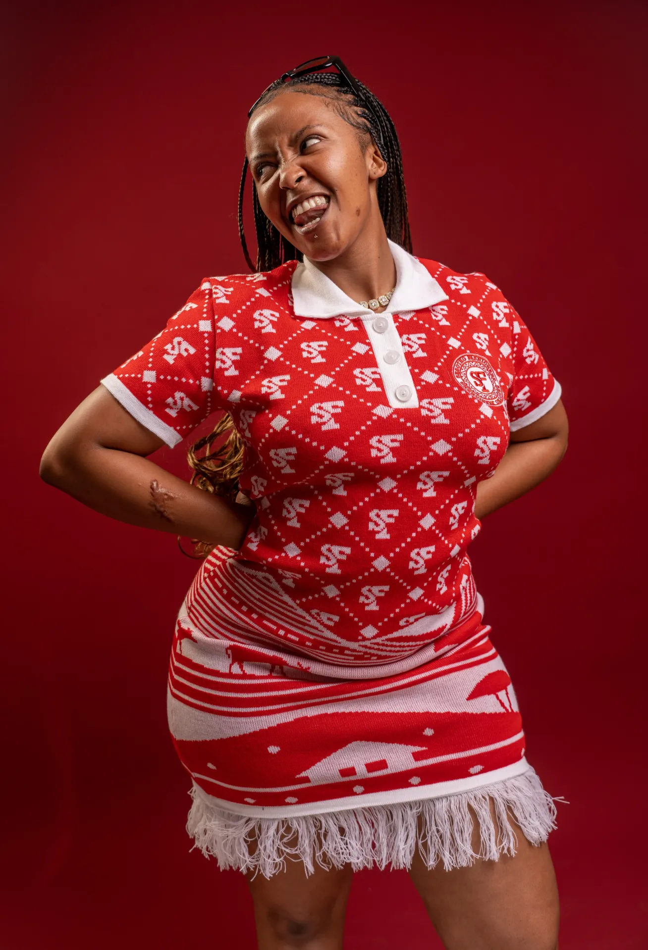 SF Knitwear Polo Dress — Red/White